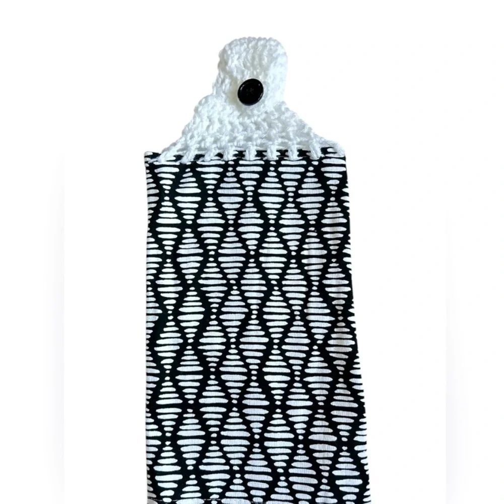 Hand Crafted Black and White Hanging Kitchen Hand Towel Crochet Top